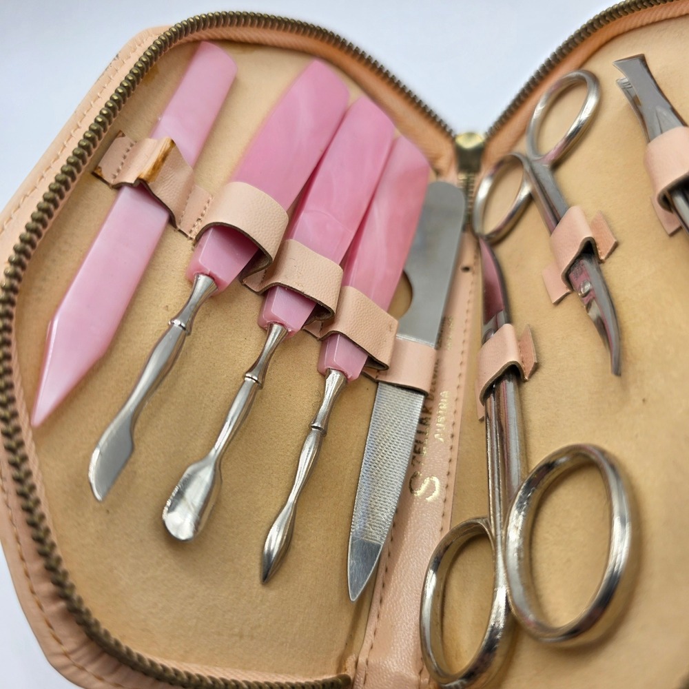 Vintage Stellar Deluxe Austria Manicure Set Pink Marbled Tools Leather Case - Picture 2 of 6